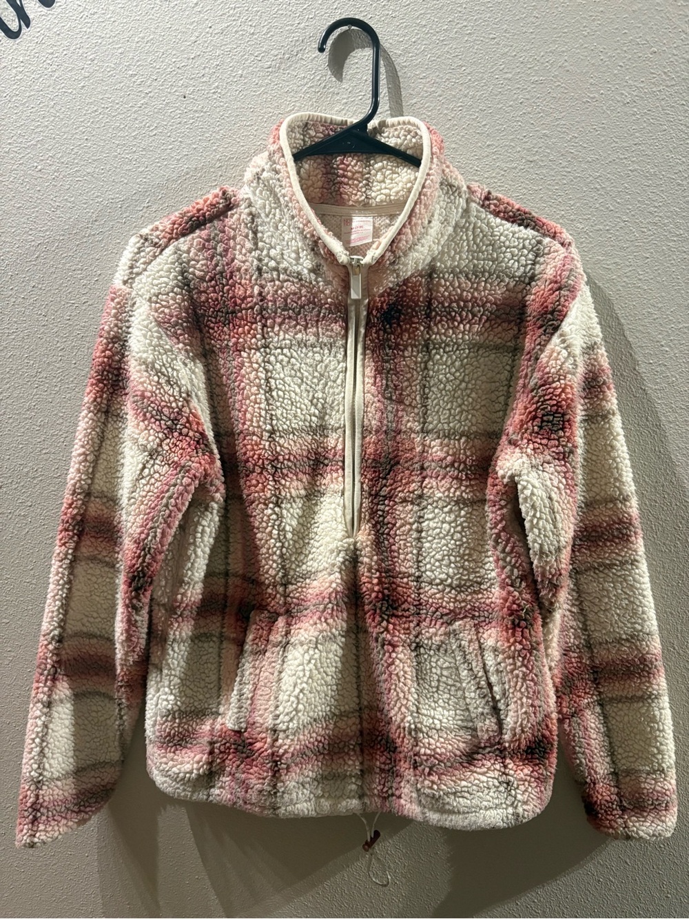 No Boundaries Pink Cream Plaid Sherpa Fleece Half-Zip Pullover Size M